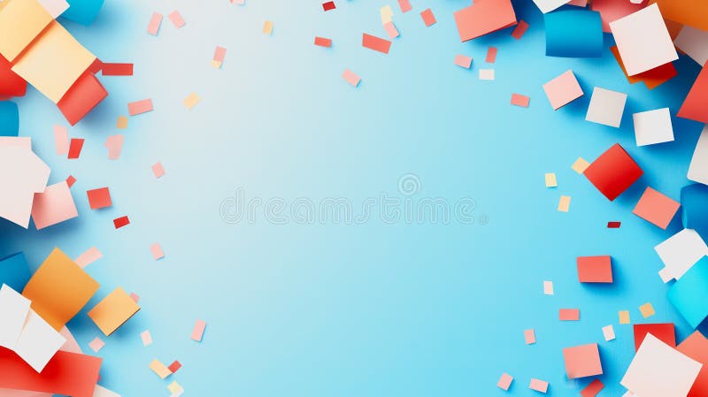 Vibrant Colorful Confetti and Paper Squares Scatter on Soft Blue Background for Celebratory Themes and Event Decorations royalty free stock image