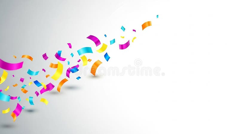 Vibrant colorful confetti streamers in pink blue yellow and orange exploding and scattering across a clean white background with a royalty free stock images