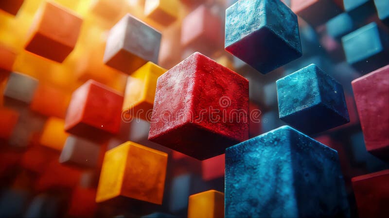 Vibrant colorful cubes floating in a dynamic, abstract space with a warm and cool contrast, creating a surreal effect royalty free illustration
