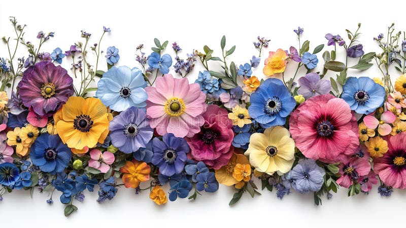 Vibrant colorful flower border arrangement on white background vector illustration