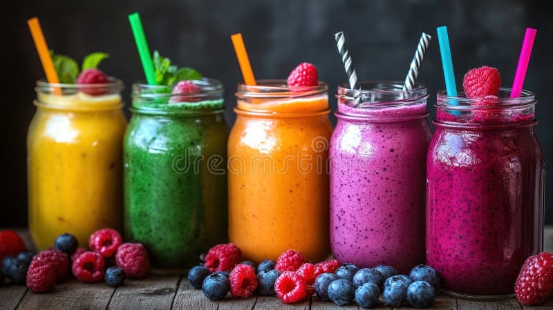 Vibrant, colorful fruit smoothies in mason jars stock illustration