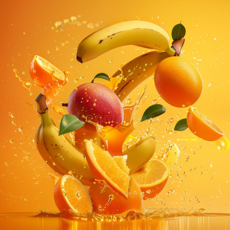 Fructe vibrante și colorate care se desprind în mișcare dinamică. un amestec de portocale de banane și mango creează o scenă recon stock photo