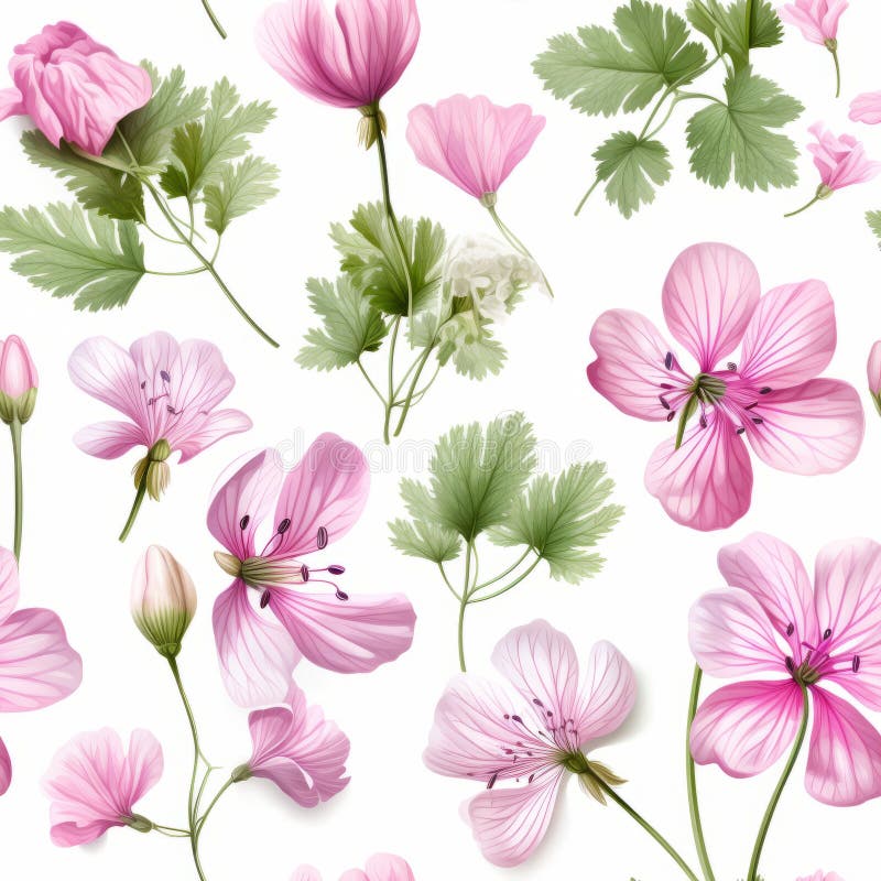 Vibrant and colorful geranium flower blooms in a captivating top view seamless pattern vector illustration