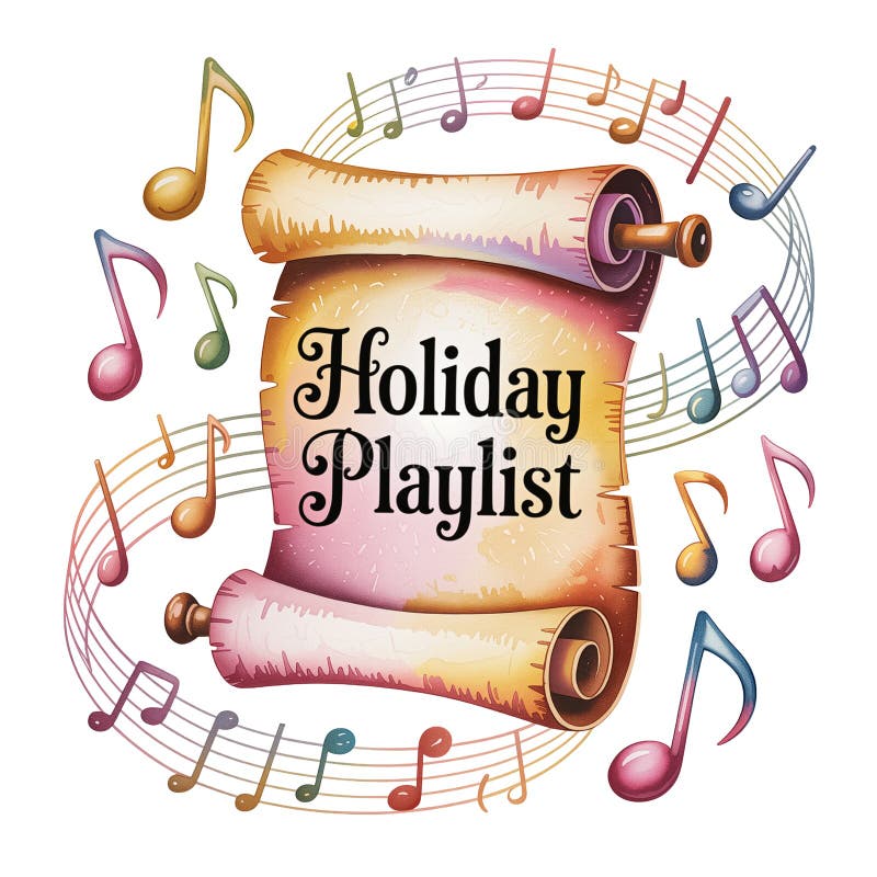 A vibrant, colorful scroll labeled 'Holiday Playlist' is surrounded by swirling musical notes generative ai. Colorful musical notes stock images, royalty-free photos and pictures