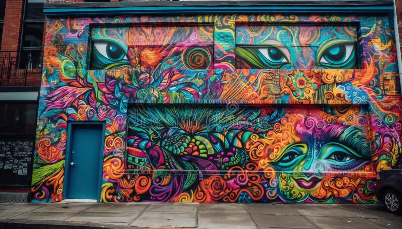 Vibrant colors illuminate modern city street art generated by AI