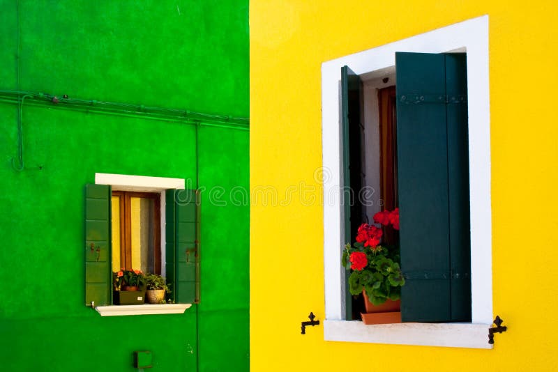 Vibrant colour house facade and window stock images