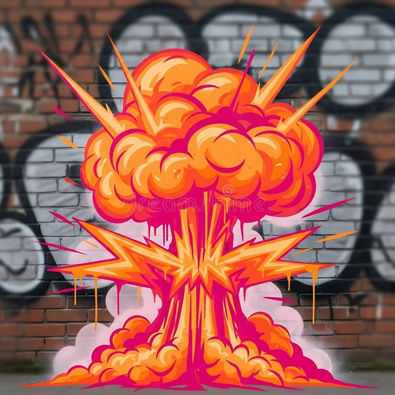 Vibrant Comic Book Explosion Graffiti on Brick Wall Stock