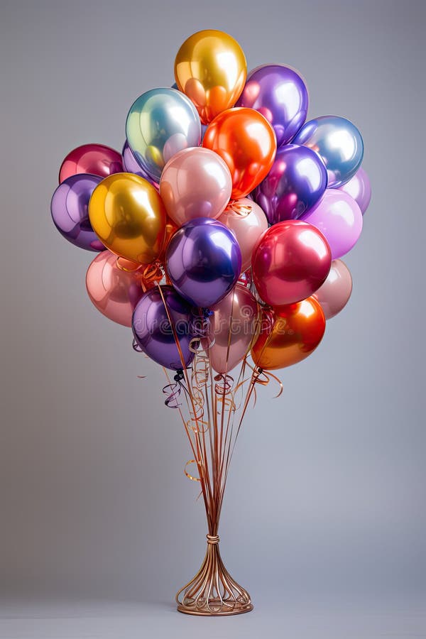 An AI generated illustration of A cheerful and vibrant composition featuring an array of colorful balloons arranged in a cluster against a grey wall