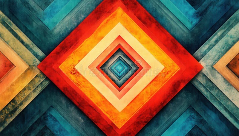Tipar geometric colorat cu diamante concentrice în tonuri calde și reci stock photo