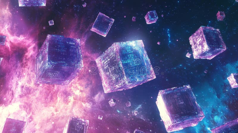 Vibrant Cosmic Cubes in a Colorful Galaxy of Stars and Nebulae stock illustration