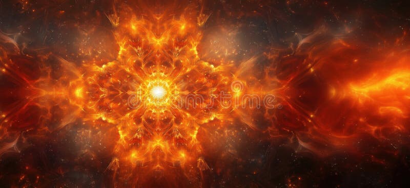 Vibrant cosmic explosion with fiery patterns and radiant light in deep space stock photography