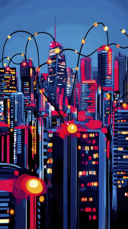 Vibrant cybernetiskt cityscape med neonnät stock illustrationer