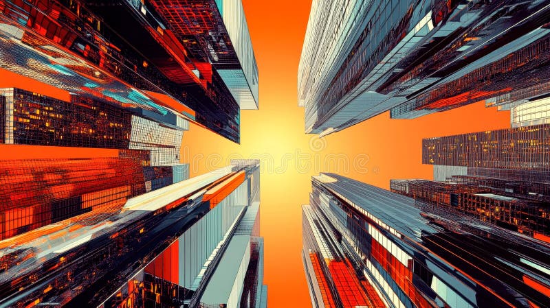 Vibrant cybernetiskt citysslande med vinkelräta skyskrapor och nyreflektioner vid solnedgången vektor illustrationer