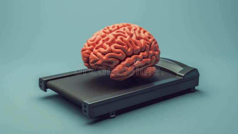 Vibrant 3d brain character exercises on treadmill in blue environment, symbolizing cognitive growth royalty free illustration
