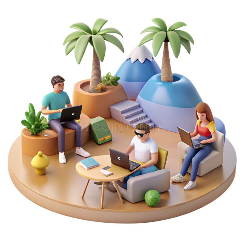 Creative professionals working remotely on laptops in a 3d island scene stock illustration