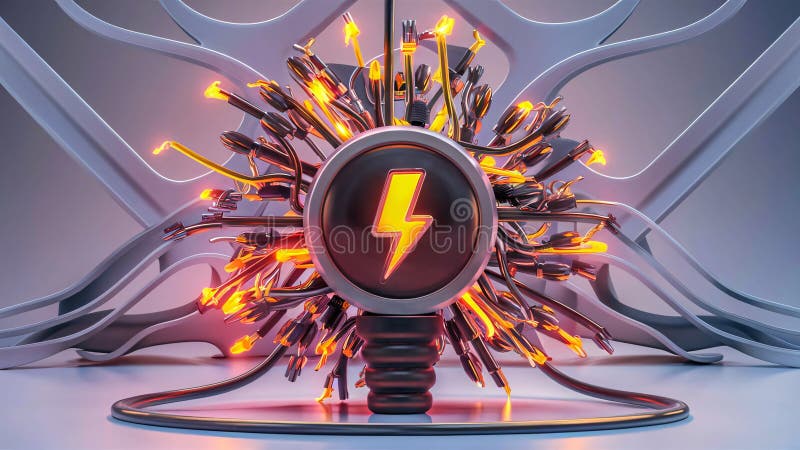 This vibrant 3D render features an electrical circuit connected to a grounding rod, with a prominent lightning bolt symbol indicating safety. Perfect as a poster or illustration, it highlights the importance of electrical grounding and protection in a visually striking manner. Electrical grounding illustrations