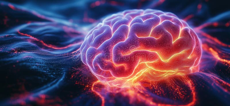 Vibrant 3D representation of a human brain with glowing neural connections royalty free stock photos