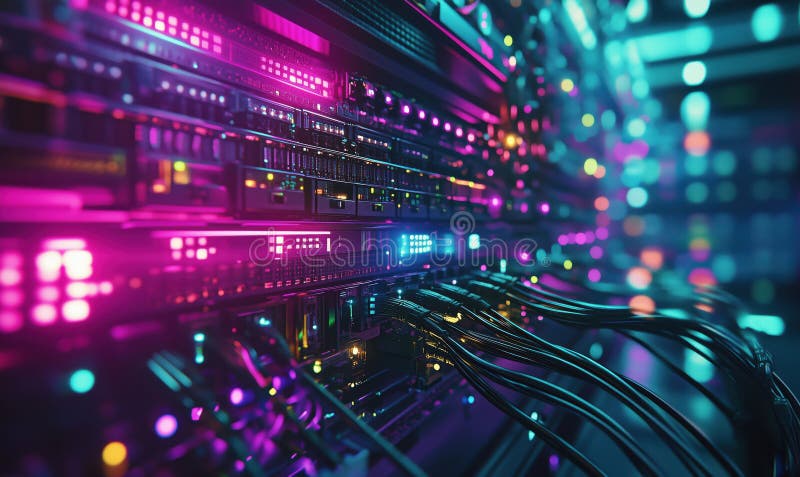 Vibrant data center with illuminated server racks and colorful cables stock image
