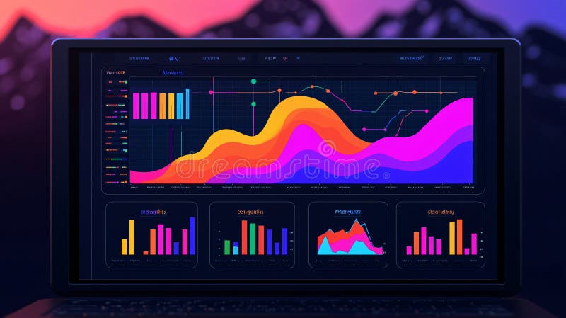 Vibrant Data Visualization Colorful Charts Graphs on Laptop Screen royalty free illustration.