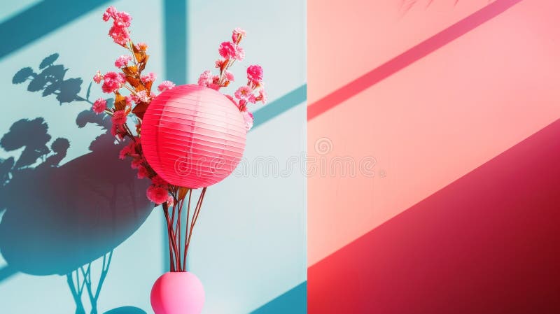 Vibrant decor with pink lantern and flowers casting shadows stock photo