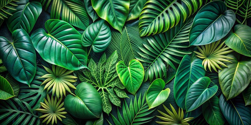 O colecție vibrantă și densă de diferite frunze tropicale în nuanțe bogate de conținut aicreat verde royalty free illustration