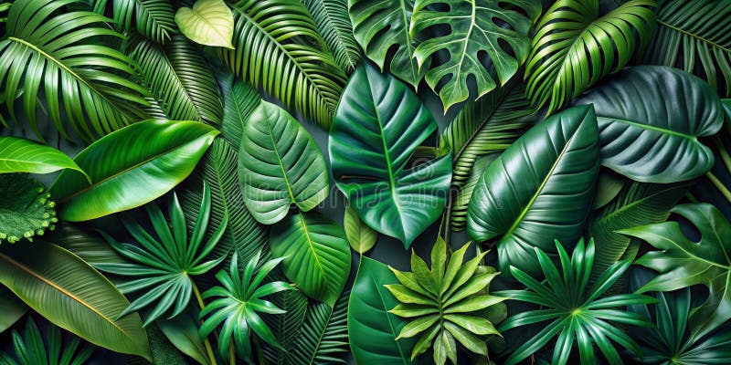 O colecție vibrantă și densă de diferite frunze tropicale în nuanțe bogate de conținut ecologic generat de ajutor royalty free illustration