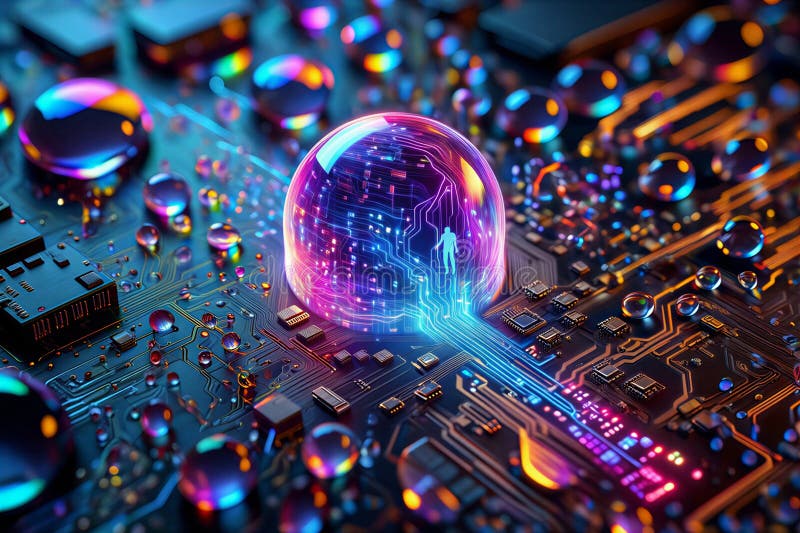 Digital Consciousness AI Flow on a Quantum Circuit Board. royalty free illustration