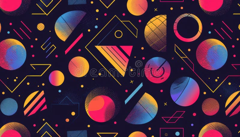 Model geometric abstract colorat, cu cercuri și forme pe fond întunecat stock illustration