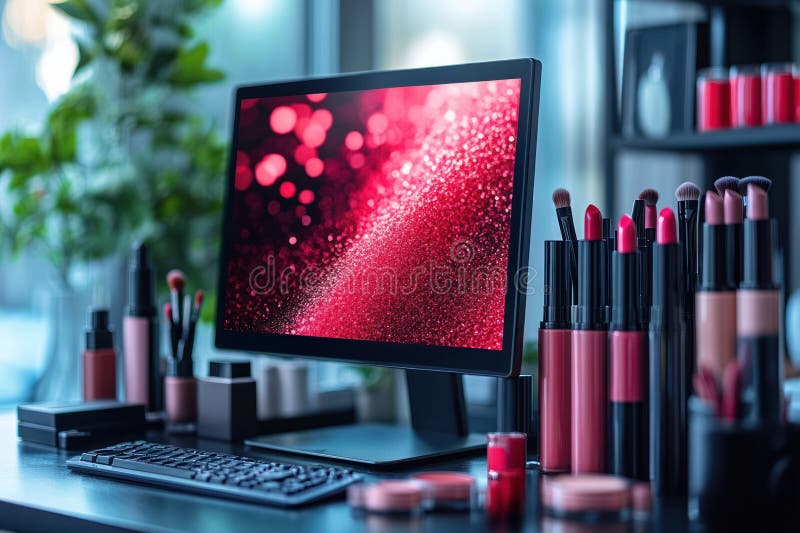 A vibrant desktop setup featuring computer screen displaying red sparkly background, surrounded by various makeup products like lipsticks and foundations, creating stylish and creative workspace... AI generated