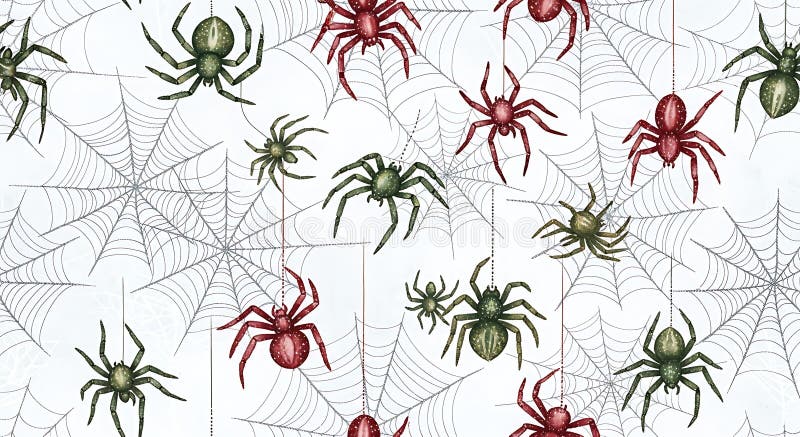 A vibrant and detailed seamless pattern featuring an array of red and green spiders intricately woven into delicate spiderwebs, all set against a clean white backdrop. Perfect for Halloween or nature-themed designs. Spiderwebs illustrations