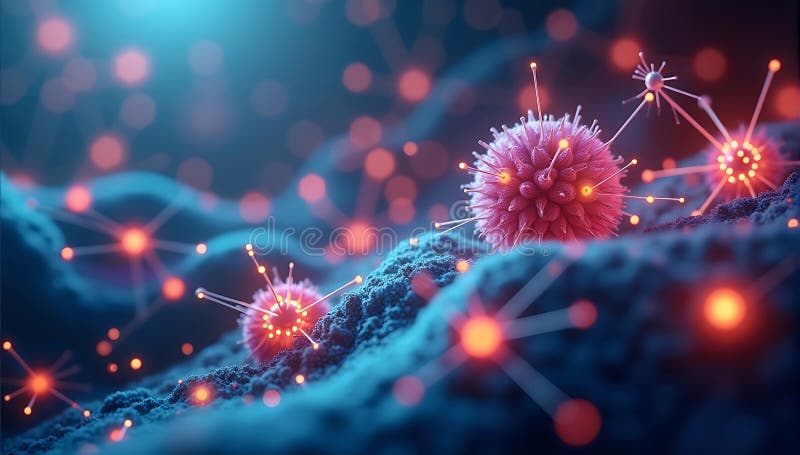 A vibrant and detailed visualization of molecular structures interconnected with glowing nodes, symbolizing nanoscale science and stock illustration