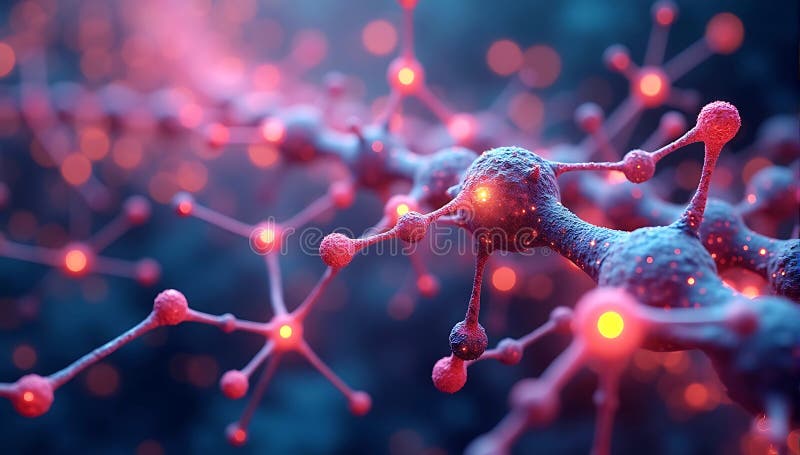 A vibrant and detailed visualization of molecular structures interconnected with glowing nodes, symbolizing nanoscale science and royalty free illustration