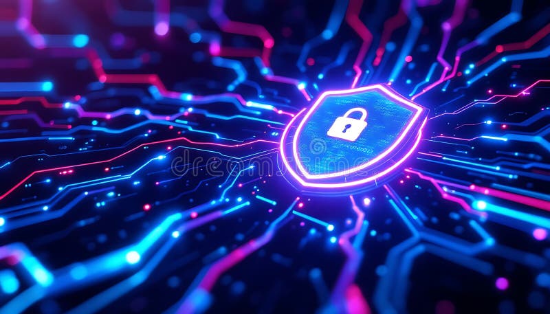 Neon Glowing Shield Protecting Digital Data Streams royalty free illustration