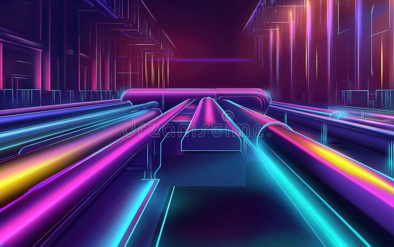 Colorful neon pipes create a futuristic landscape in a vibrant digital setting, showcasing bright lights and sleek royalty free illustration