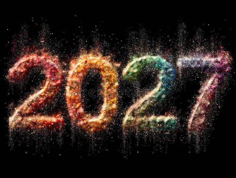 A vibrant digital artwork featuring the year 2027 in bold white numbers, formed by overlapping rainbow-colored firework streams and glittering arcs, displayed against a black background AI-Generated. Overlapping exploding fireworks stock images, royalty-free photos and pictures