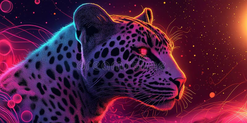 Vibrant digital artwork of a leopard against a cosmic background with vivid colors and abstract elements royalty free stock images