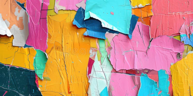 A vibrant digital collage combining various torn paper pieces in different colors and textures stock photos
