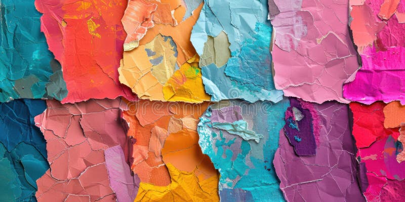 A vibrant digital collage combining various torn paper pieces in different colors and textures stock photography