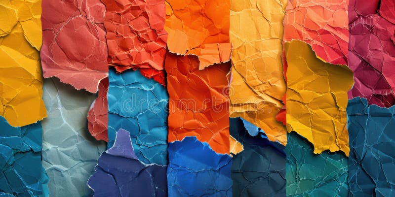 A vibrant digital collage combining various torn paper pieces in different colors and textures royalty free stock photo