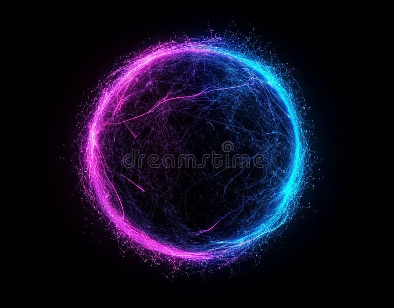 Vibrant digital globe with glowing blue and pink network connections, representing data flow and technology. This captivating royalty free illustration