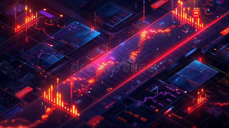 Vibrant digital interface with glowing financial data analysis on a futuristic dashboard. Concept for stock market royalty free stock photo
