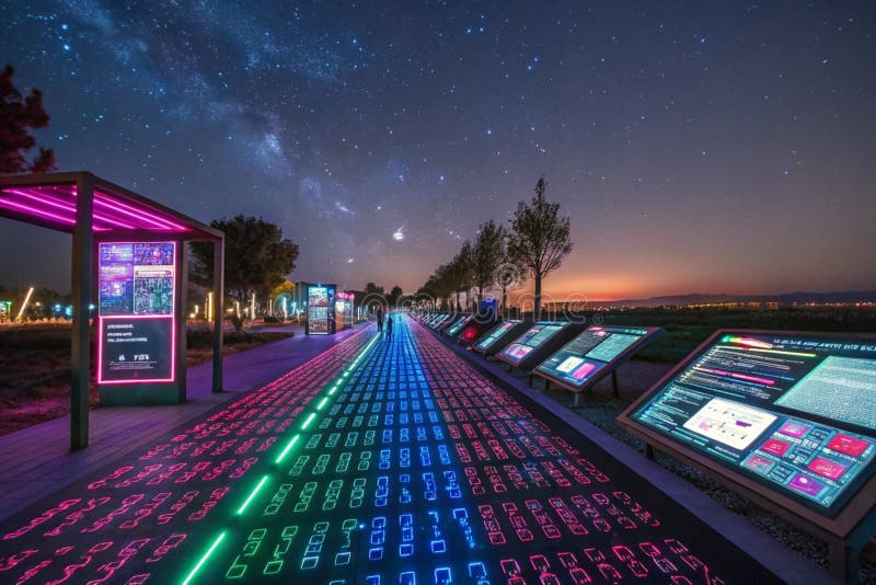 A vibrant digital landscape filled with colorful binary code and illuminated pathways in a futuristic setting at night - generated royalty free illustration