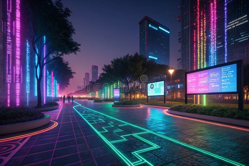 A vibrant digital landscape filled with colorful binary code and illuminated pathways in a futuristic setting at night - generated stock illustration