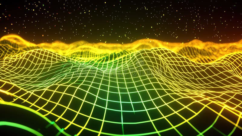 Vibrant digital landscape with glowing grid patterns and starry sky at night, showcasing a futuristic and abstract stock illustration