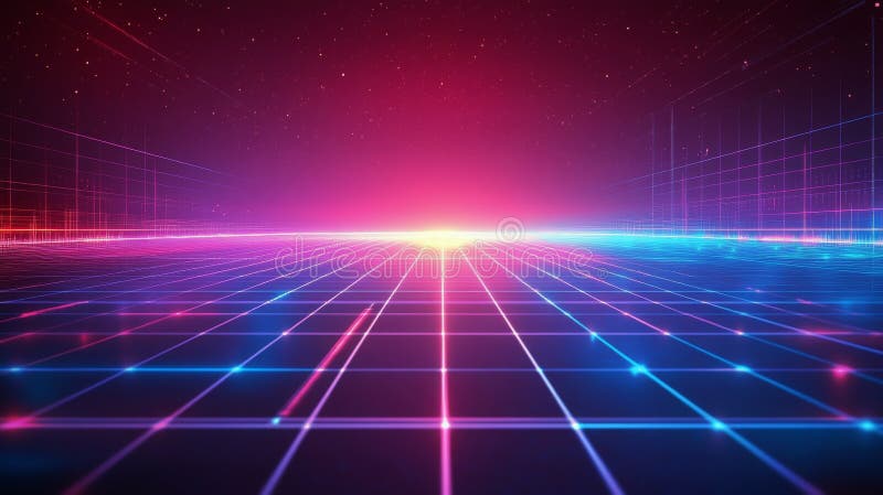 Vibrant digital landscape with glowing gridlines and starry background during nighttime royalty free stock photos