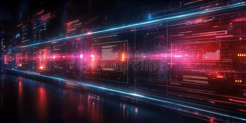 Vibrant digital landscape showcasing data streams and neon lights in a modern tech environment royalty free stock photos