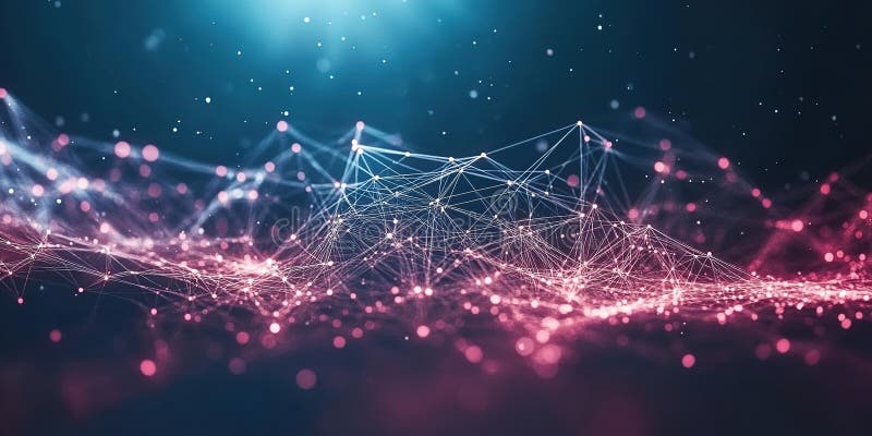 Vibrant digital landscape showcasing intricate connections and glowing particles in a futuristic setting stock illustration