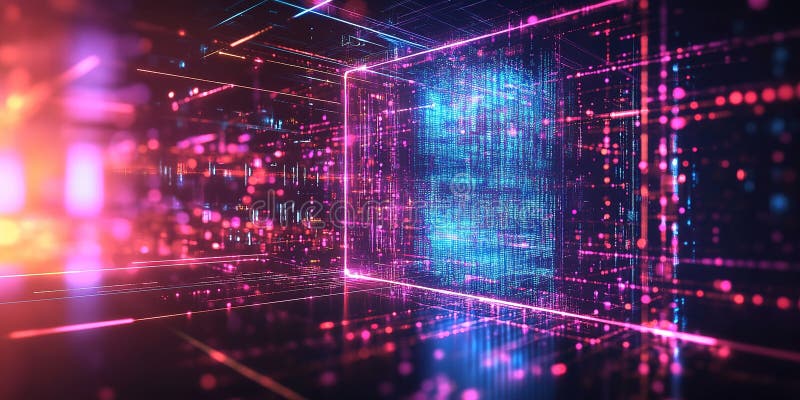 Vibrant digital landscape showcasing neon grids and data streams in a futuristic environment at twilight stock illustration