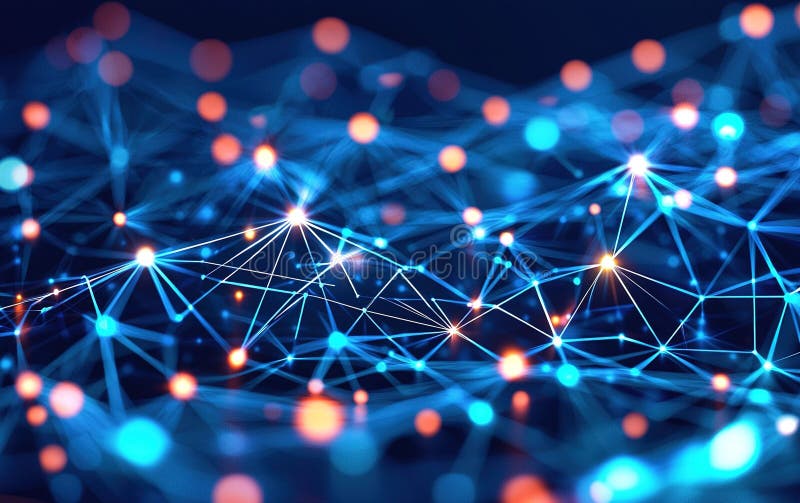 A vibrant digital network illuminated by glowing nodes and interconnected lines, symbolizing data flow and stock image