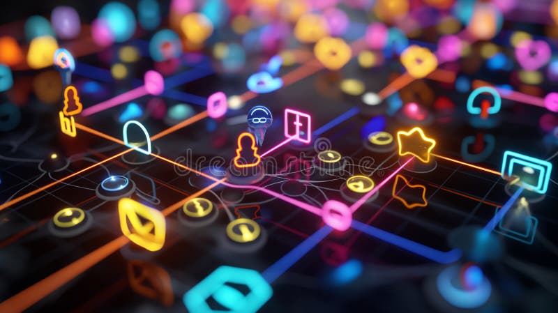 Vibrant Digital Network of Interconnected Icons and Connections stock photo